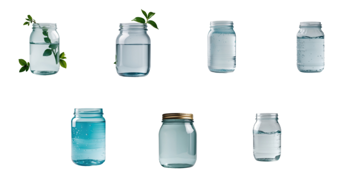 Various transparent jars filled with water in different states and conditions isolated on a transparent background with a focus on the unique textures and characteristics of the water.
