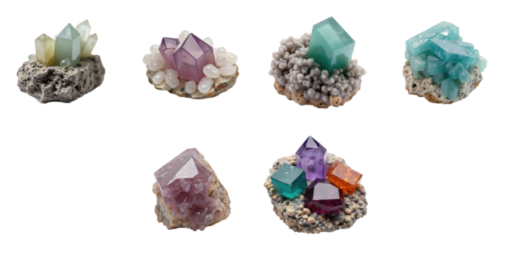 various mineral specimens including crystals and stones in diverse colors and shapes displayed on neutral background, highlighting their unique textures and characteristics