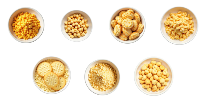 Variety of biscuit crumbs and snacks in white bowls arranged in two rows on dark background showcasing different textures and colors. Top view composition ideal for food photography.