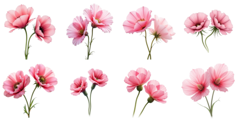 Collection of eight pink Eustoma flowers with varying arrangements and perspectives isolated on a transparent background for graphic use and design.