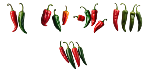 Assorted red and green chili peppers with varying shapes and sizes isolated on transparent background for culinary and food or spice related themes.