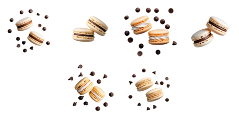 Assorted French macaroons in various colors and flavors scattered with chocolate chips on a transparent background suitable for invitations and promotional materials.