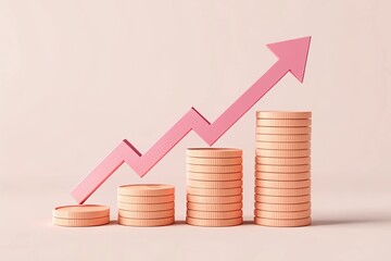 Rising Pink Arrow Over Stacks of Bronze Coins on Light Pink Background Finance Concept