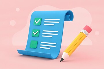 Rolled Blue Checklist with Green Checkmarks and Yellow Pencil on Pink Background