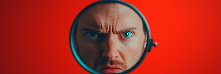 A close-up of a man's intense, focused eyes and furrowed brows viewed through a circular frame against a red background.