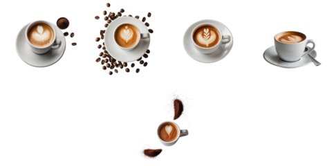 Various espresso coffee cups with latte art displayed on a transparent background, showcasing different designs and a scattering of coffee beans, perfect for beverage themes.