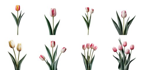 Siam Tulip variety isolated on transparent background featuring multiple colors and arrangements including single and grouped flowers with green leaves.