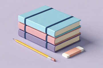 Stack of Colorful Books with Elastic Band, Yellow Pencil, and Pink Eraser on Lilac Surface
