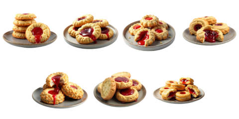 Assorted cookies filled with colorful jam displayed on various gray plates isolated on dark background showcasing different shapes and textures of the baked goods.