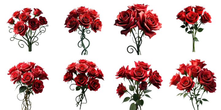 various arrangements of red roses with green foliage and decorative elements set against a transparent background showcasing their vibrant colors and textures