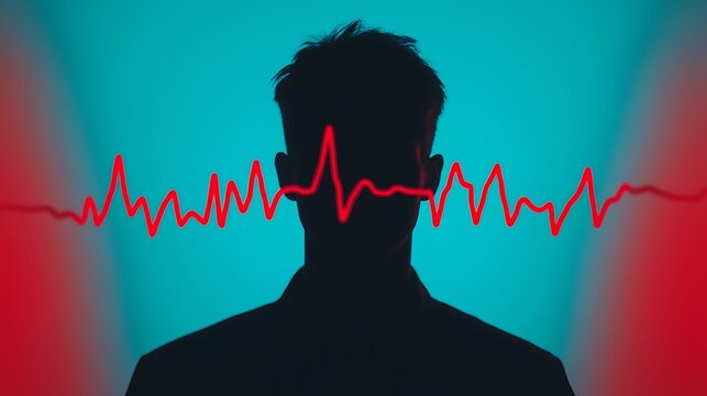 Silhouette of a person with a red heartbeat line overlay on a blue and red gradient background, symbolizing health, stress, or mental state. - Powered by Adobe