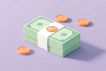 Stacked Money Bundled with Strip and Coins on Lavender Background. 7295 Character