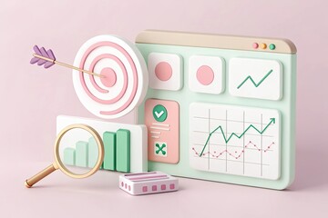 Stylized Arrow Hitting Target, Magnifying Glass, Website Graph on Pink Background