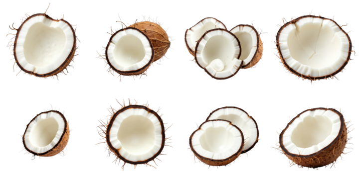 Cut coconut shells with varying shapes and sizes displayed on a transparent background highlighting the inner texture and fibrous edge details