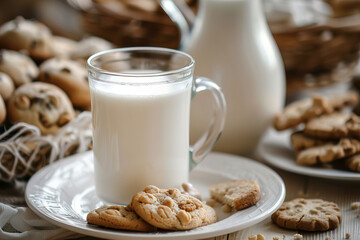 Glass of fresh milk with homemade cookies on white plate, served on rustic wooden table, cozy breakfast or snack food photography