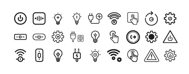 Stylized light bulbs, gear and touch icons in stark white against a plain black background. Minimalist design.