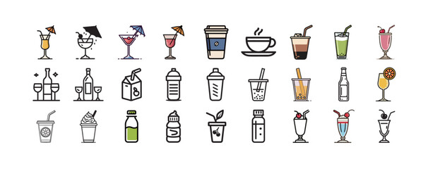 A collection of colorful beverage icons displayed on a black background featuring various drinks.