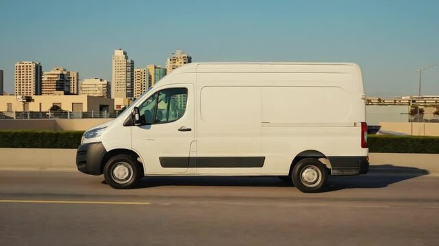 A white delivery van is driving on the road