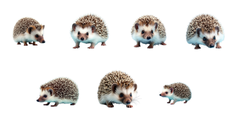 Hedgehog collection on transparent background featuring multiple poses and sizes of hedgehogs showcasing their distinctive spines and facial features