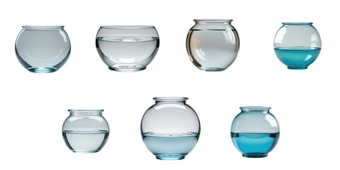 Assorted glass fishbowls filled with varying levels of clear and colored water on a solid transparent background showcasing different shapes and sizes of fish tanks