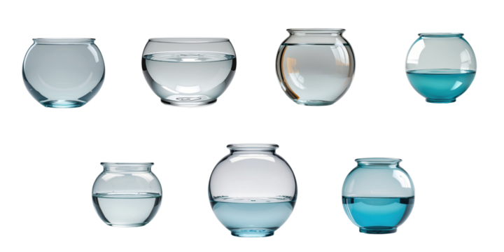 Assorted glass fishbowls filled with varying levels of clear and colored water on a solid transparent background showcasing different shapes and sizes of fish tanks
