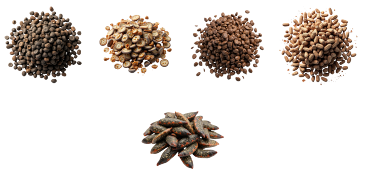 Various types of fish scales arranged in small piles along with seed-like fragments on a transparent background, isolated to highlight unique textures and shapes.