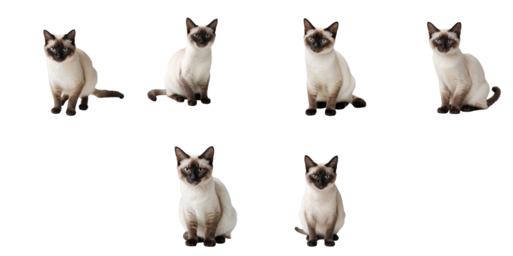 six small siamese cats in various sitting poses isolated on transparent background with clear visibility of coat patterns and facial features