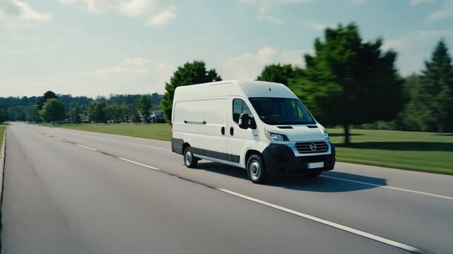 A white delivery van is driving on the road