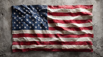 Worn US Flag Displayed on a Clean Gray Concrete Wall Background