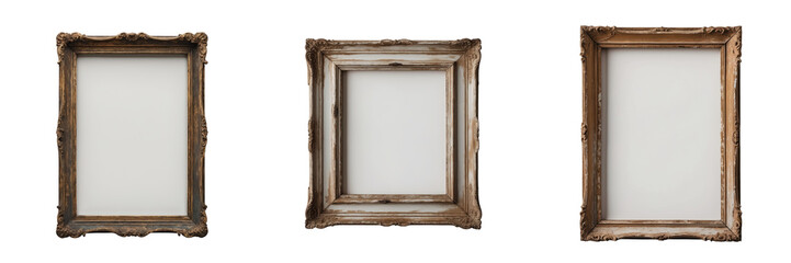 Set of three vintage ornate picture frames with blank interiors isolated on transparent background for display or design purposes.