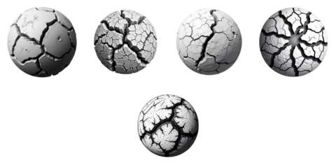 Earth fissure patterns displayed in a series of spherical shapes on a transparent background, highlighting distinct crack designs and textures for each sphere.