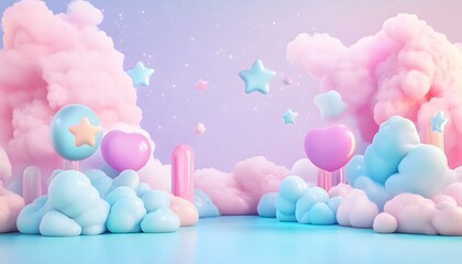 Pastel colored cloud scene with heart and star shapes.