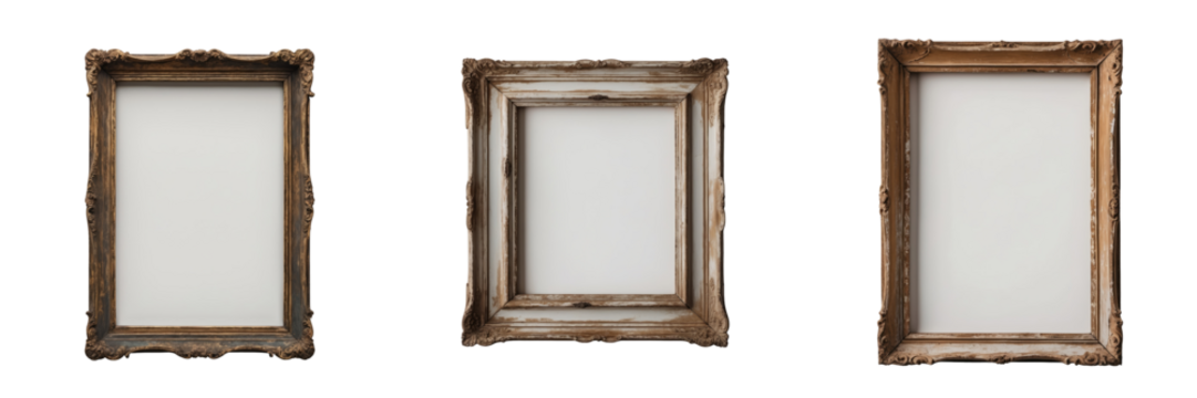 Set of three vintage ornate picture frames with blank interiors isolated on transparent background for display or design purposes.