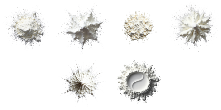 Collection of various shapes and textures of white powder isolated on transparent background including grainy and powdery formations arranged artistically