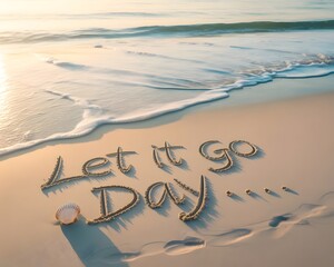 Motivational message "Let It Go Day" written in the sand on a beach at sunrise. A high-angle, full shot of the words "Let It Go Day" written in the sand on a beach at sunrise.