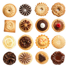 16 different cookies isolated, A delightful assortment of assorted cookies in various shapes, sizes, and designs, arranged neatly on a white background for a charming and appetizing display