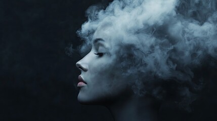 A profile of a person with closed eyes, blending seamlessly into swirling smoke, creating a surreal and ethereal visual effect.