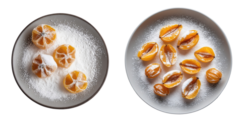 Dried sweet kumquats coated in powdered sugar arranged on two plates in top view with a transparent background highlighting the dessert presentation