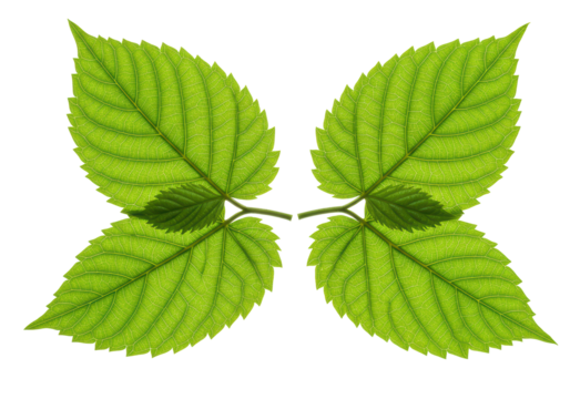 Isolated Four Fresh Green Raspberry Leaves Arranged in a Symmetrical Pattern