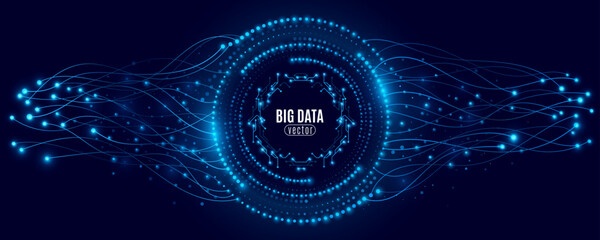 Digital futuristic background visualizing the concept of big data and data flow for Technology banner. Glowing blue lines and particle streams form a symmetrical wave pattern. Vector illustration.