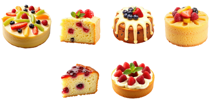 assorted fruit cakes displayed on a transparent background featuring various toppings such as berries and cream in different shapes and sizes