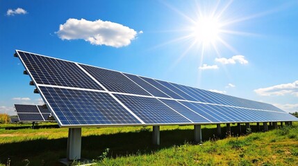 ground mounted solar panel array under a clear blue sky with shining sun and white clouds, representing renewable green energy and clean environmental technology