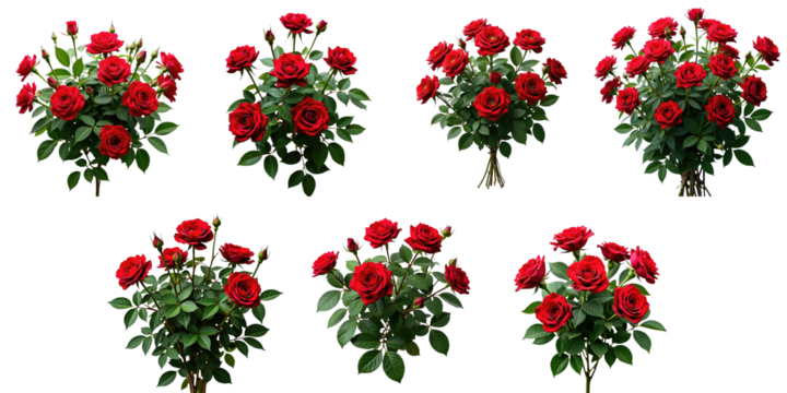 Arrangement of red roses with lush green leaves on a transparent background featuring multiple angles of the flower bouquet showcasing vibrant colors and details.