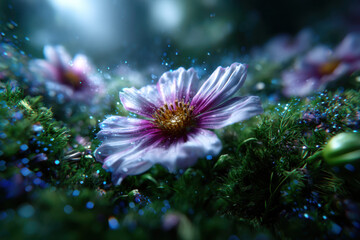 Purple flower blooming amidst lush greenery under soft light in a serene environment