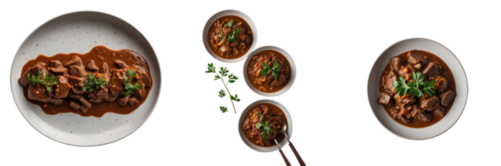 Panorama image of beef goulash in rich gravy served on a white plate with three additional bowls, garnished with fresh herbs on a transparent background