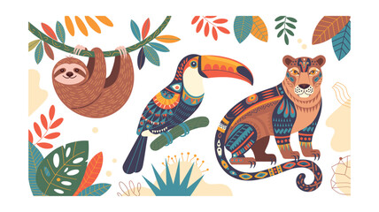 Vibrant Tropical Animals Illustration: Sloth, Toucan, and Jaguar in Decorative Style
