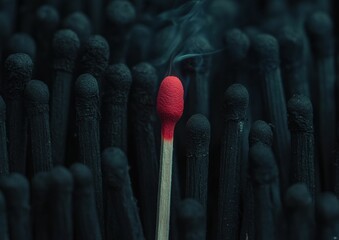 A single lit matchstick glows brightly among unlit black matchsticks, highlighting the contrast between light and darkness.