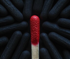 A single lit matchstick glows brightly among unlit black matchsticks, highlighting the contrast between light and darkness.