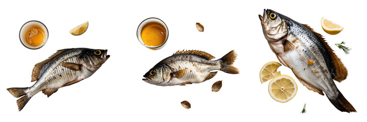 Dried bream fish with lemon slices and beer served as an appetizer on a transparent background showcasing multiple fish arrangements and accompaniments