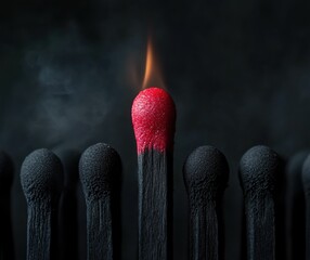 A single lit matchstick glows brightly among unlit black matchsticks, highlighting the contrast between light and darkness.